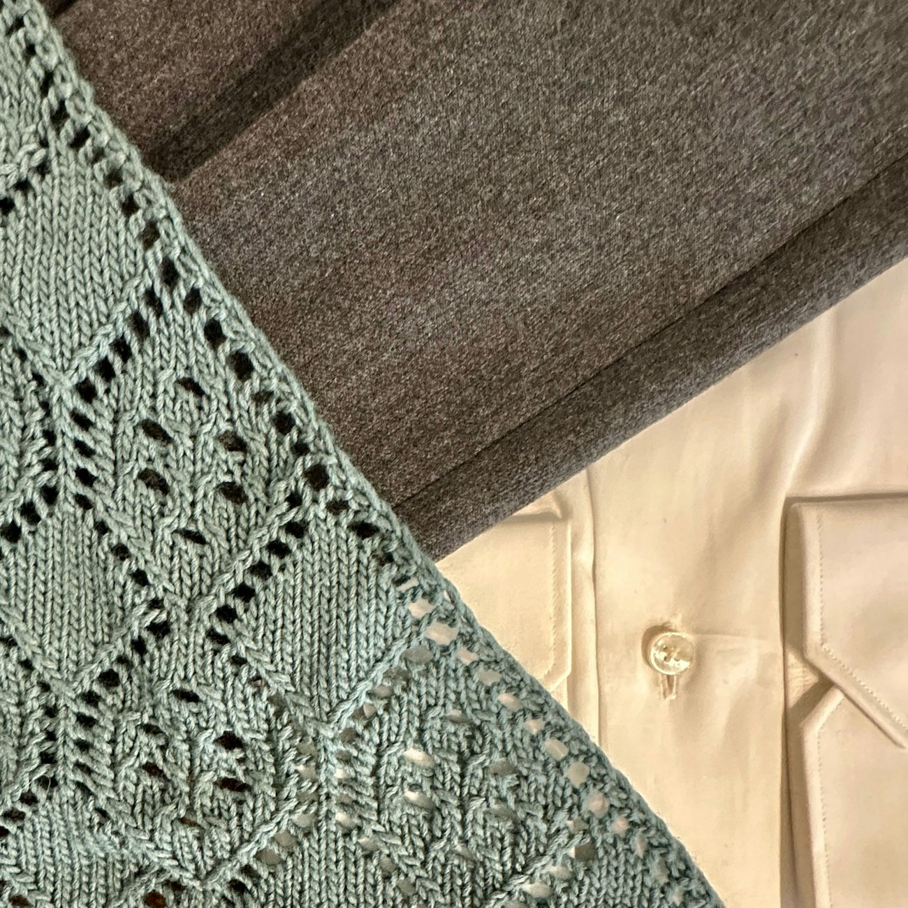 green geometric lace, gray flannel, white blouse