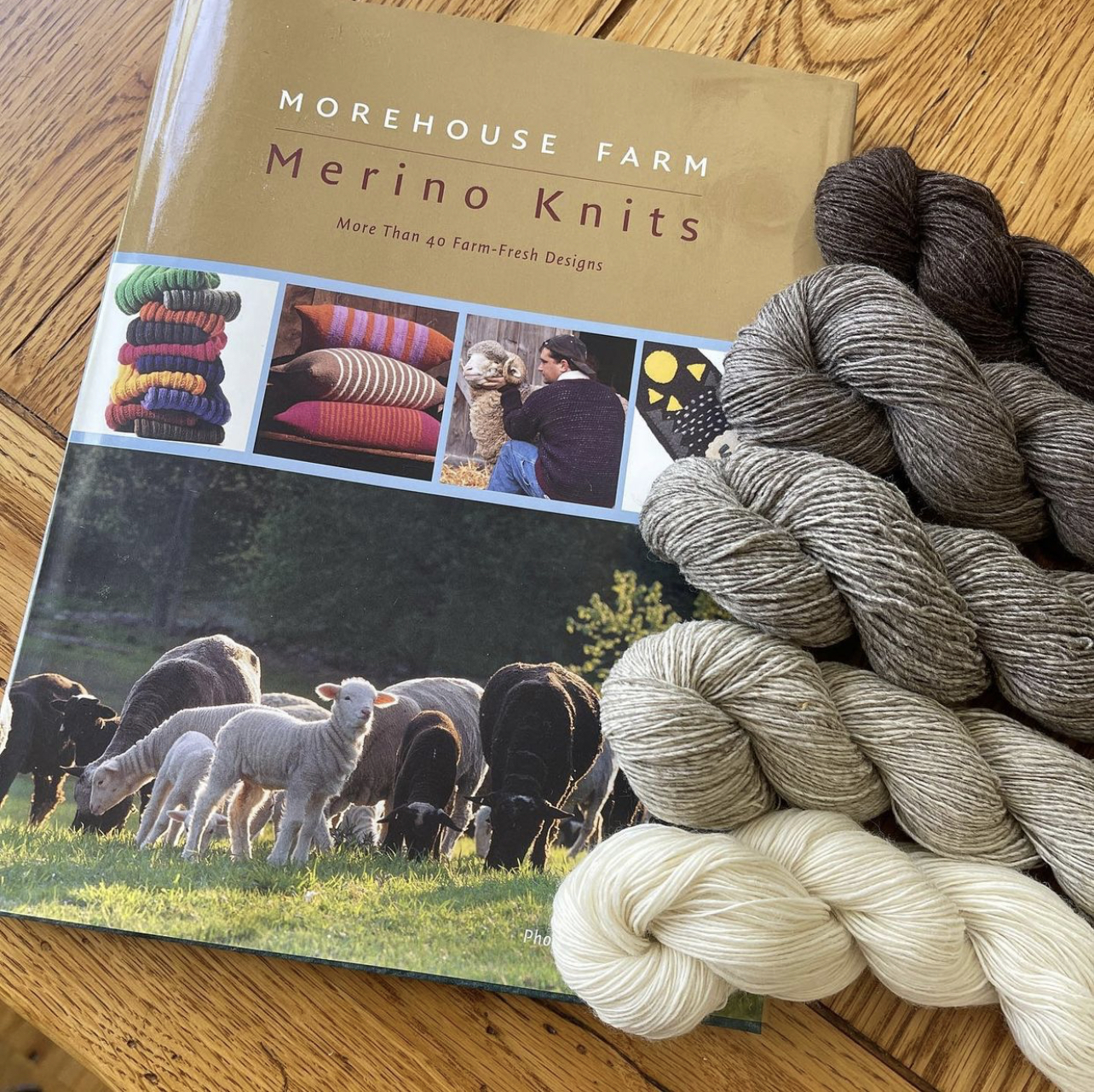Hardcover book Morehouse Farm Merino Knits with 5 skeins of white to black wool singles yarn