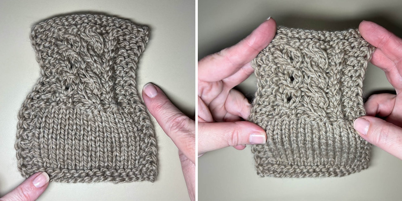 2 brown cabled swatches, one with draw-in and one stretched in width