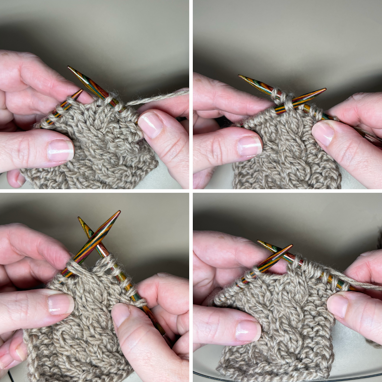 Step-by-step process of working a 2x2 left cross without a cable needle
