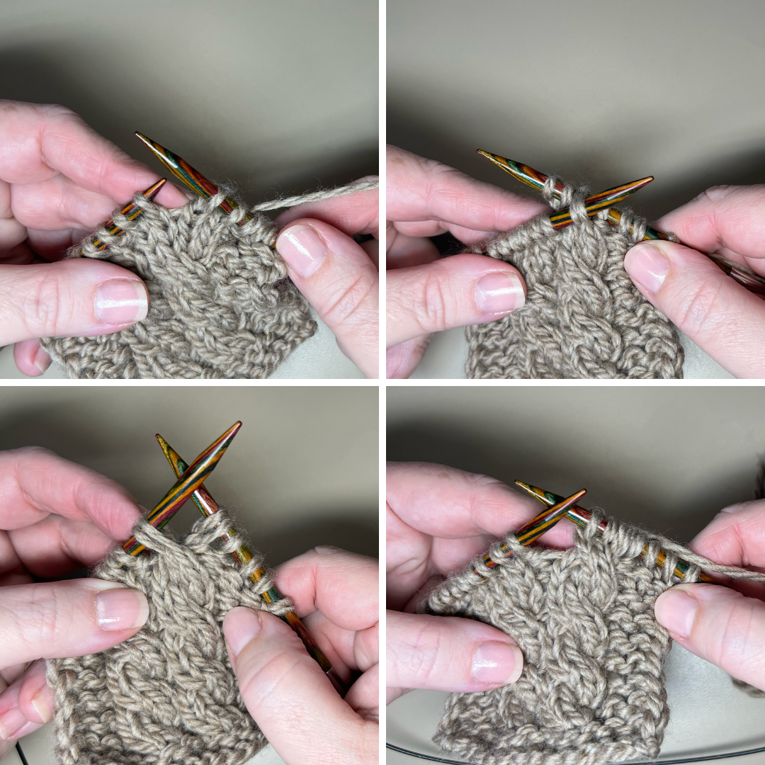 Step-by-step process of working a 2x2 left cross without a cable needle