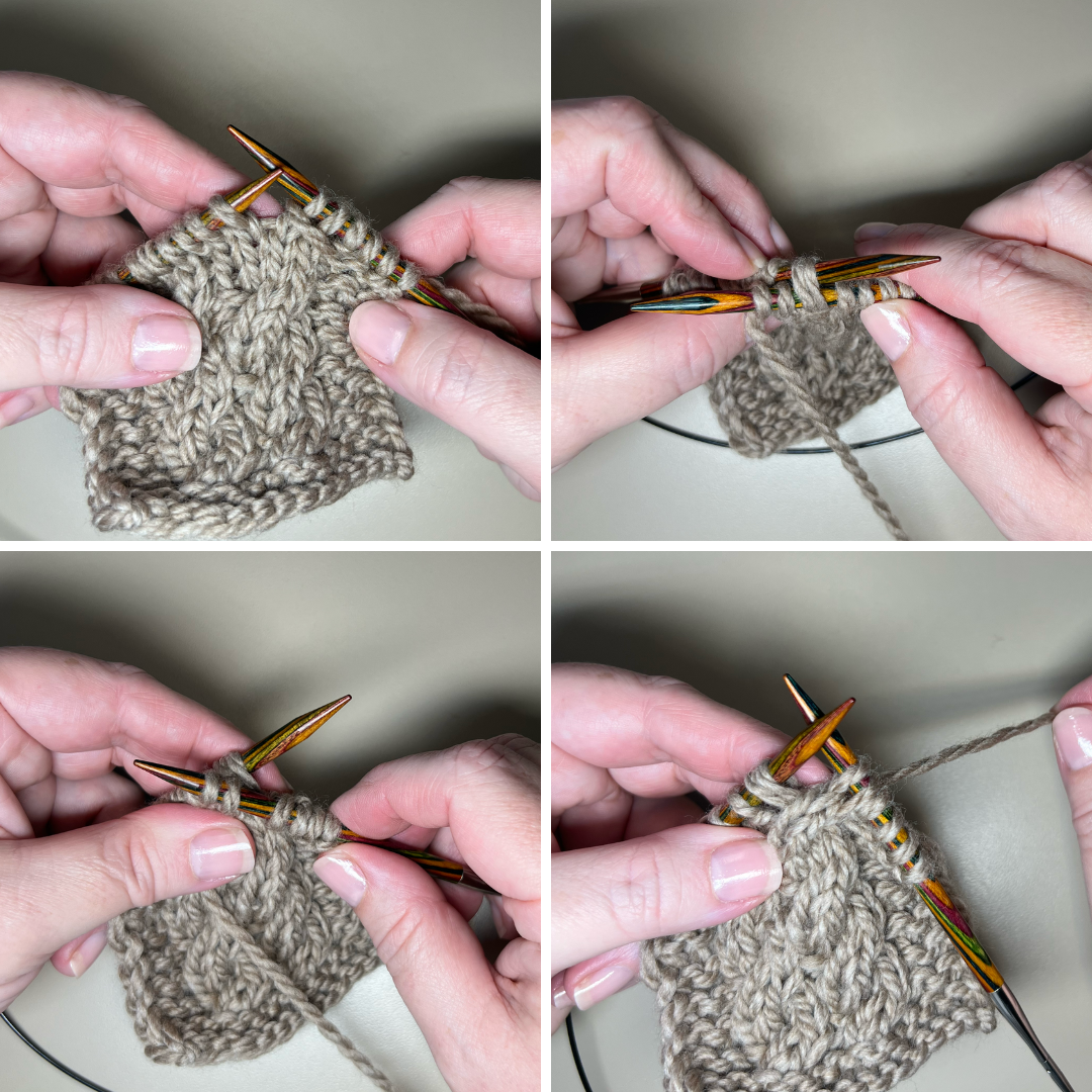 Step-by-step process of working a 2x2 right cross without a cable needle
