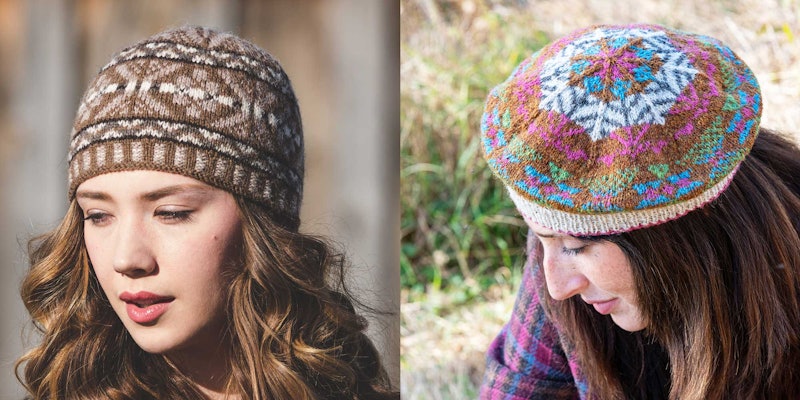 The North Road Hat (left) and the Tam O’Shanter (right) are stunning examples of colorwork using Shetland wool. Photo at left by George Boe; at right by Gale Zucker