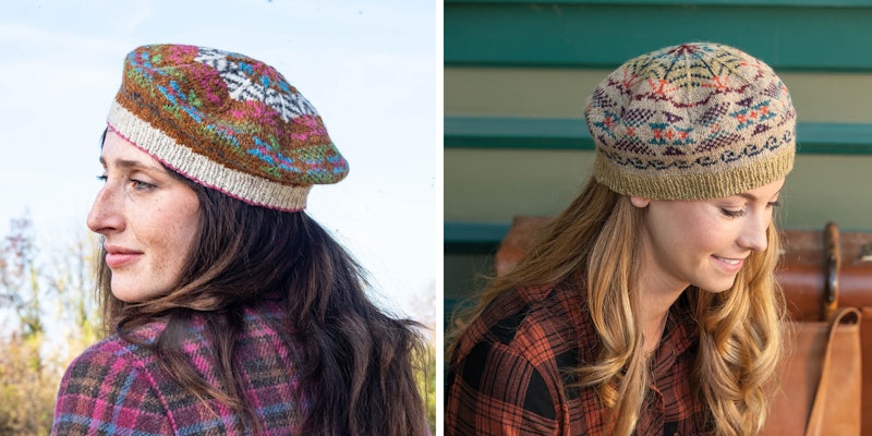 Tam on brown-haired model facing left, tam on blond-haired model looking right