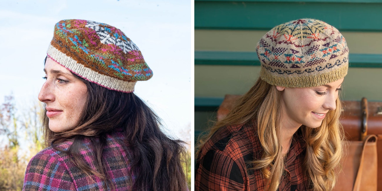 Tam on brown-haired model facing left, tam on blond-haired model looking right