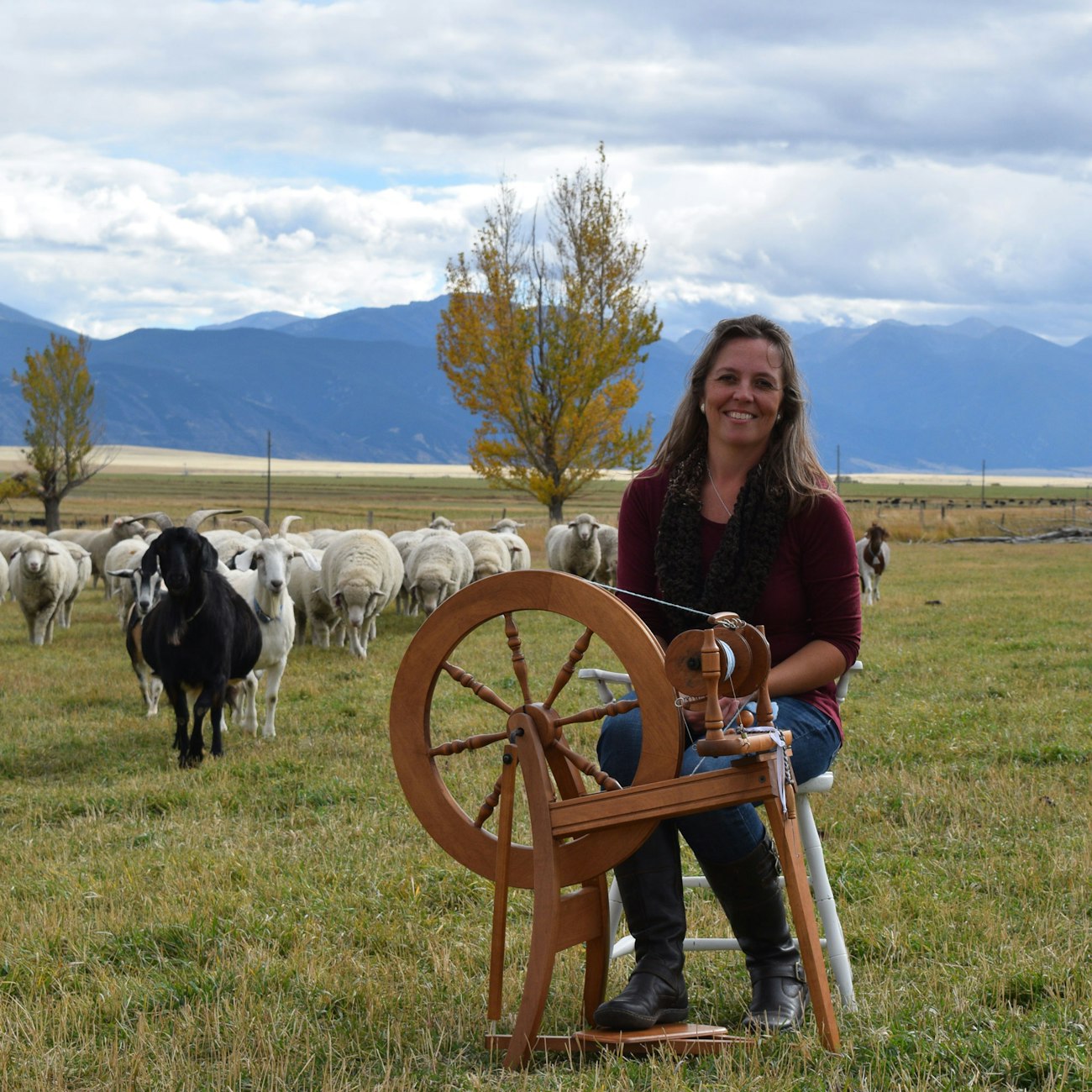 Woman sitting at a spinning wheel in a field with sheep and goats behind her and mountains in the background