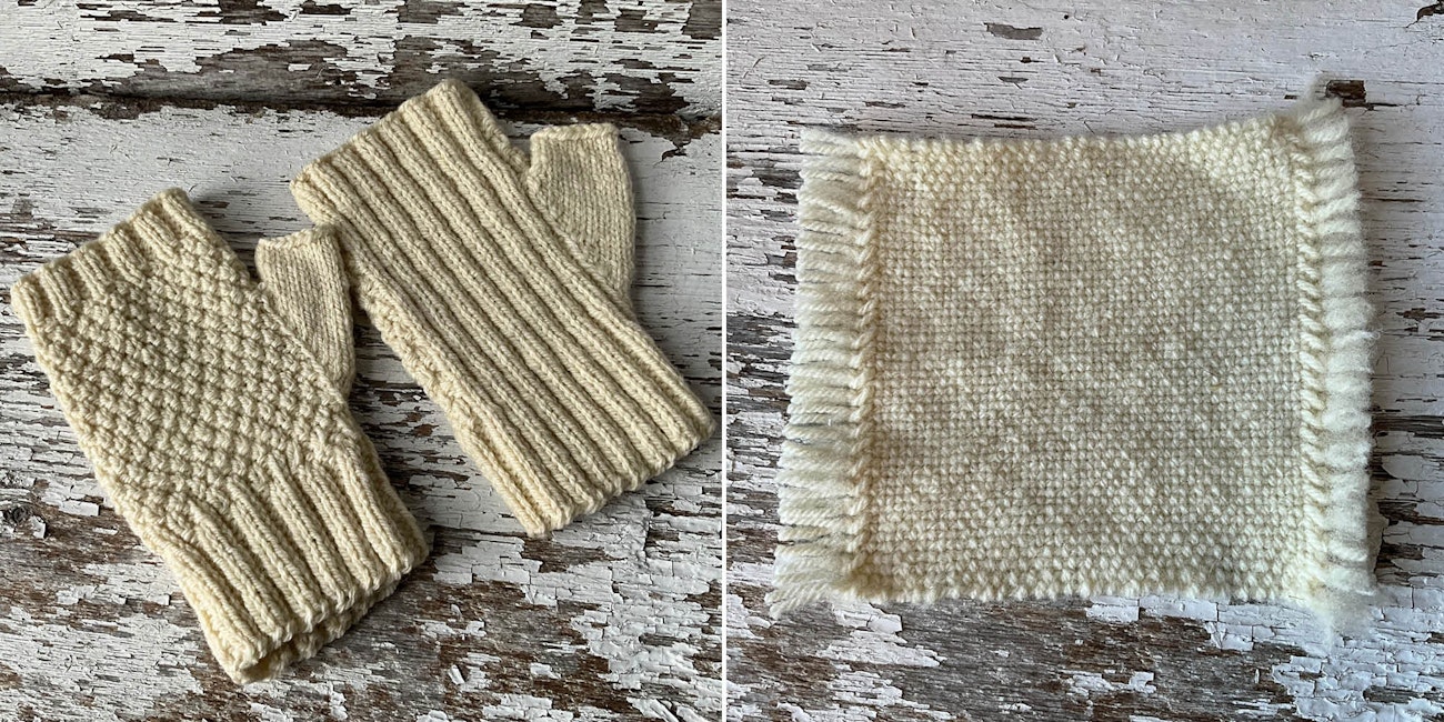 Left, knitted fingerless mitts; right, woven plain-weave swatch
