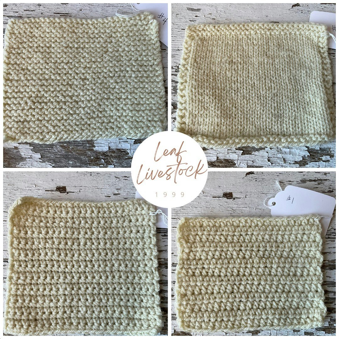 Garter stitch, stockinette stitch, single crochet, and half-double crochet swatches