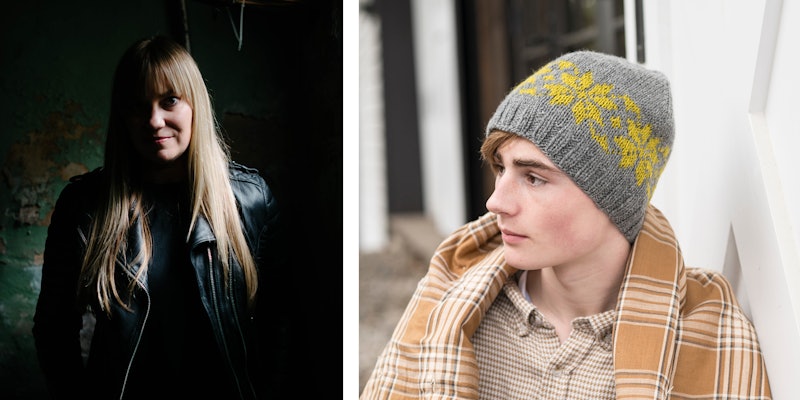 Left, blond woman with bangs in black leather jacket; right, young man in green and chartreuse colorwork hat and brown-and-white plaid blanket