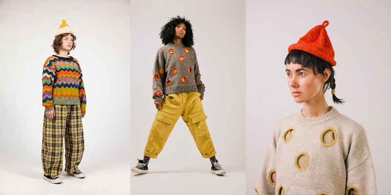 Three people in colorful knitted sweaters