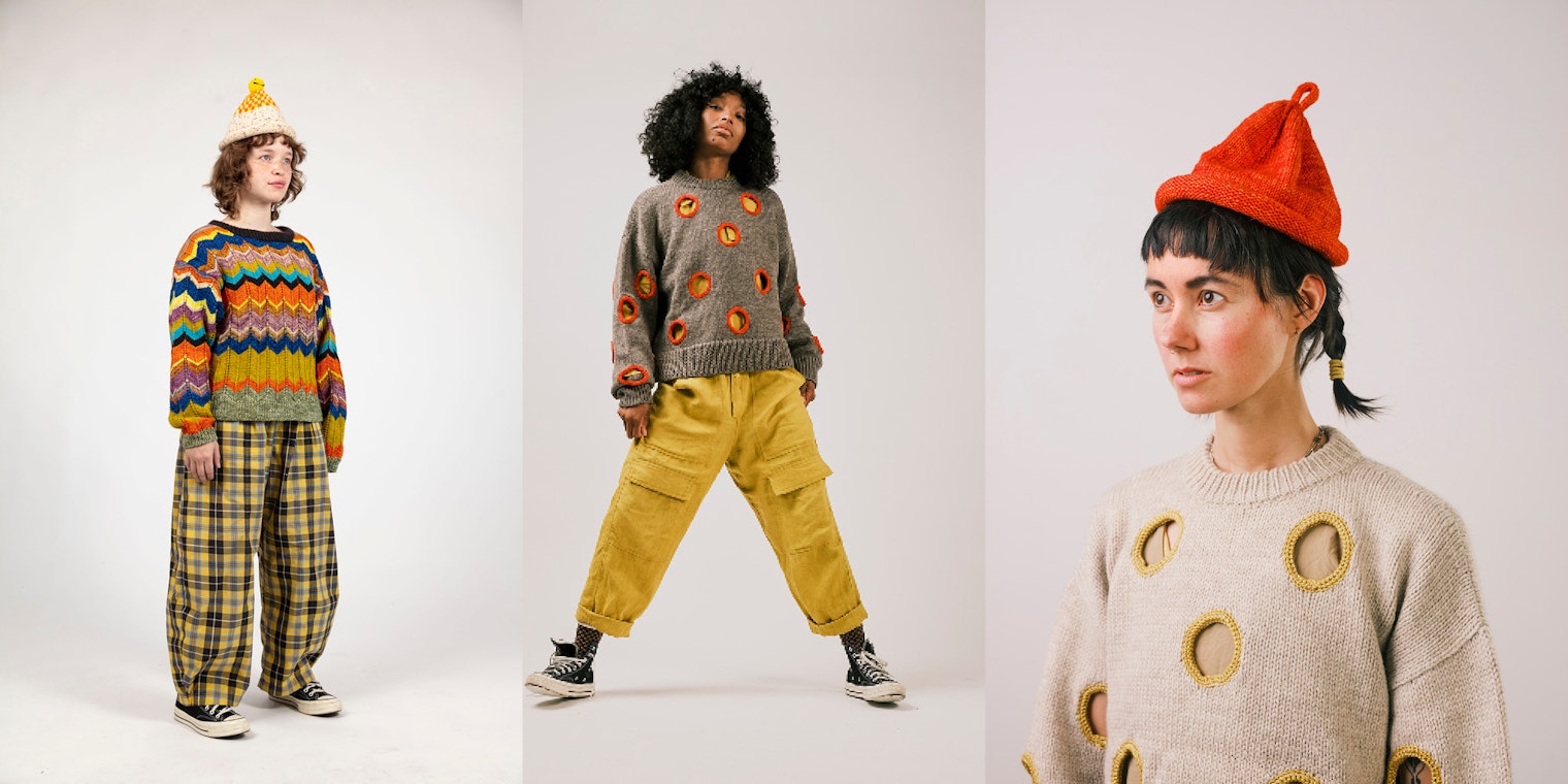 Three people in colorful knitted sweaters