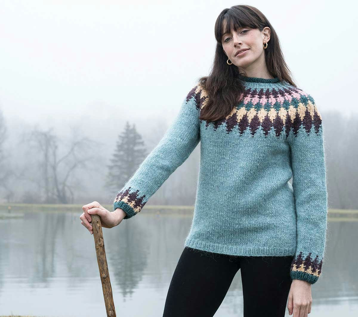 Traditional Icelandic pullovers made with Lopi yarn reflect the importance of Icelandic sheep and wool in the island nation. Tíglar means diamonds in Icelandic, in honor of the diamond motif in the yoke of this modern lopapeysa, the Tíglar Tveir by Védís Jónsdóttir. Photo by Gale Zucker