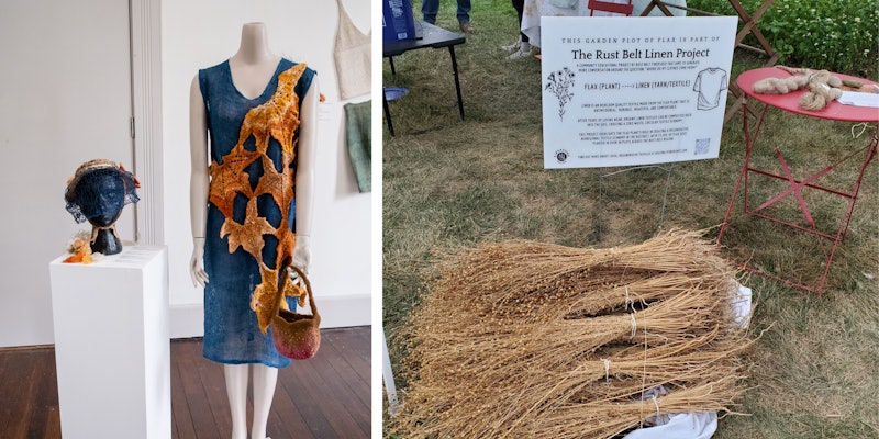 Left, blue hat on dressform, blue dress and gold knitted leaf-shaped scarf on dressform with felted bag held in hand