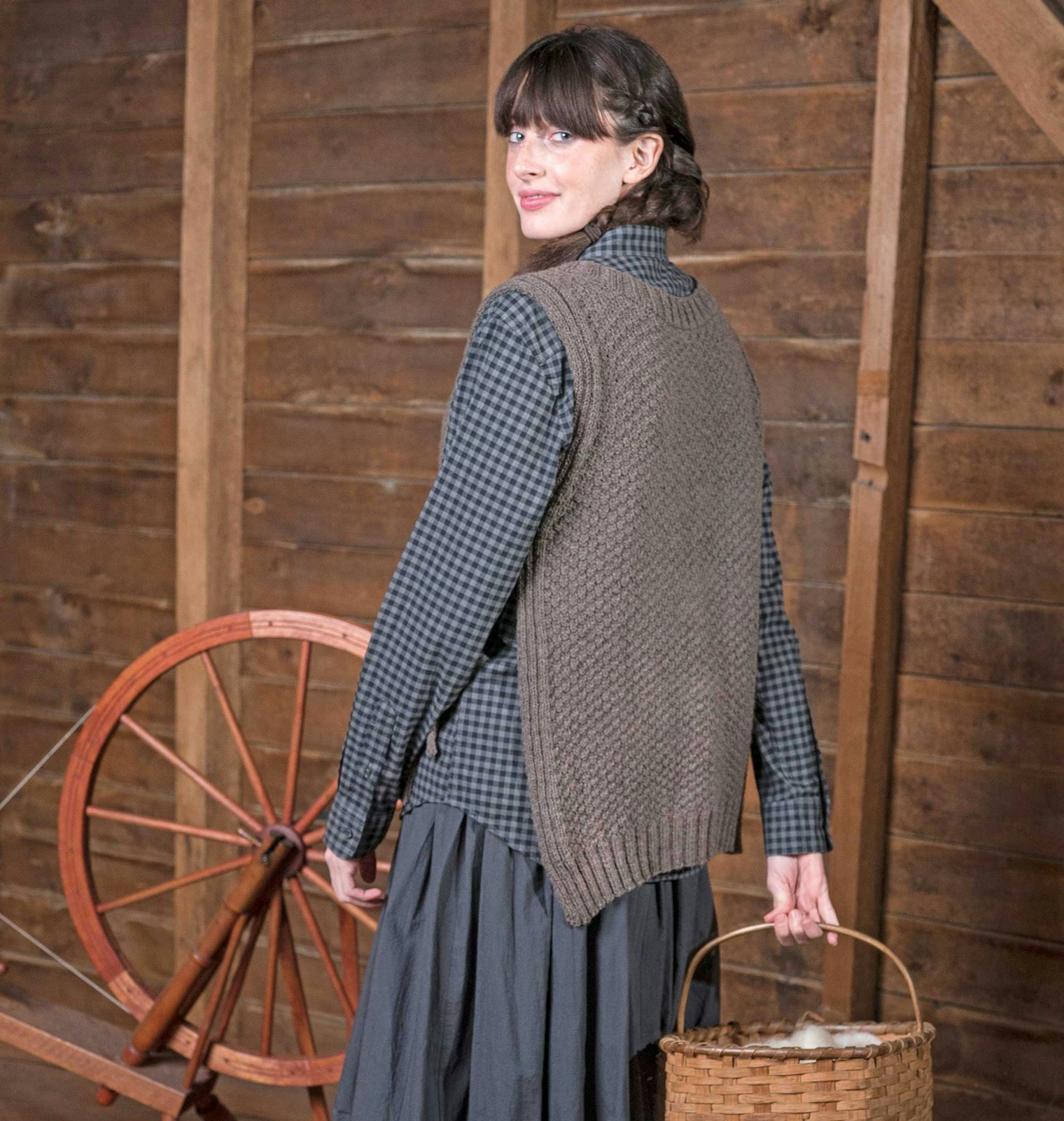 Consider pairing neutral tones, like the cotton shirt and linen skirt, under a garment like this Smith River Vest to allow your knitted garment to shine.