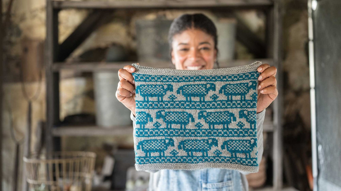 A woman holds up a gray and turquoise cowl. Sheep are shown in horizontal bands.
