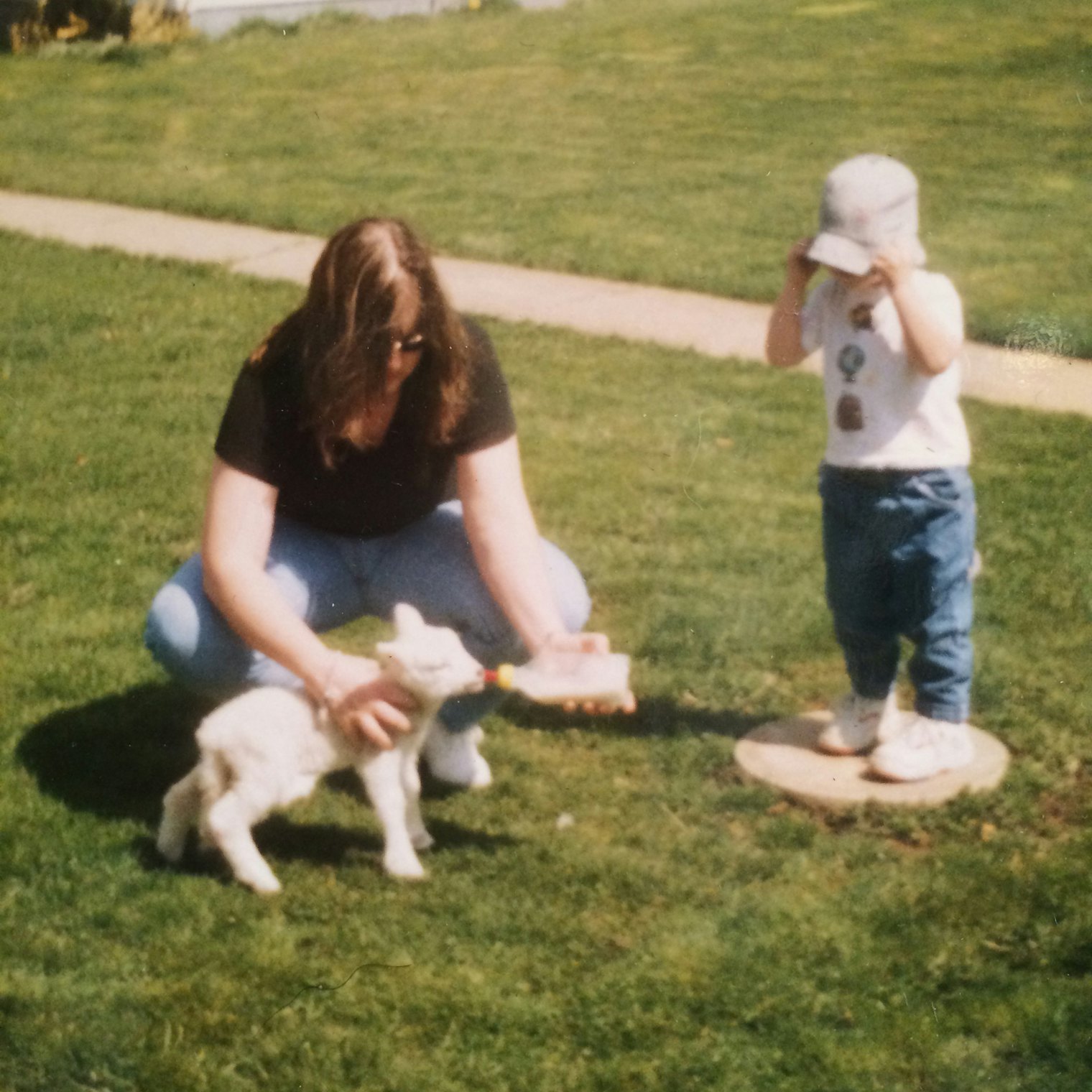 Amy Ross Manko and her son, Drew, then a toddler, care for his first Cheviot lamb.