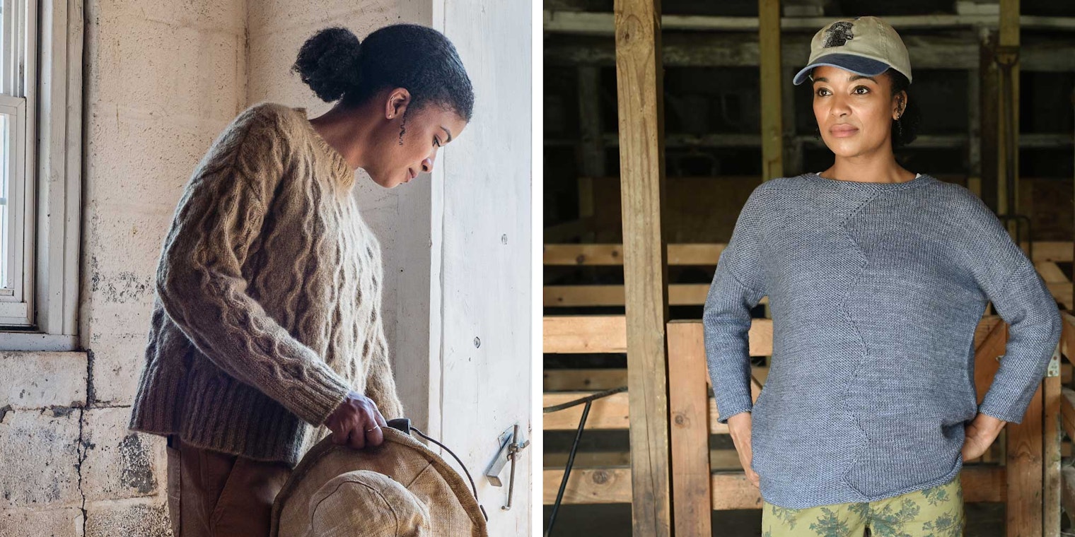 Left: a woman stands in the doorway of a barn, wearing a tan cabled sweater. Right: a woman stands inside a barn wearing a light blue sweater.