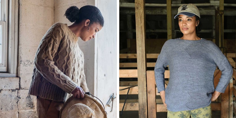 Left: a woman stands in the doorway of a barn, wearing a tan cabled sweater. Right: a woman stands inside a barn wearing a light blue sweater.