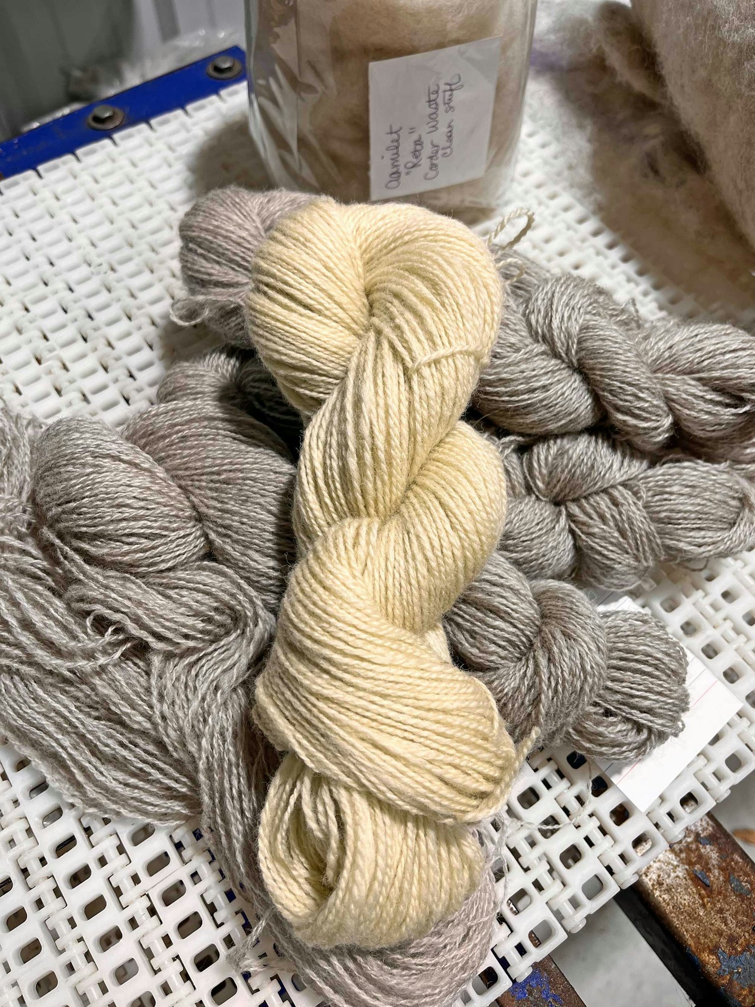 Jennifer says, “One of our first customers presented the mill with five golden fleeces, and I truly mean golden. The wool was so lanolin rich that it can stain the fiber if left unwashed too long. Most of the color can be washed out in the scouring process, but the effect of the lanolin dye effect is a lustrous, buttery gold.”