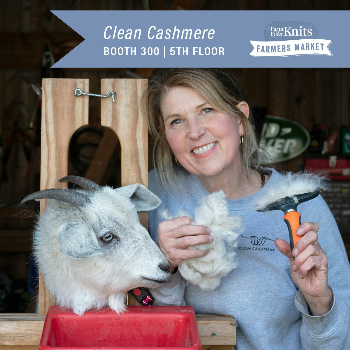 Milly the goat is staying home to grow more luxury fiber, but Christine Hulse of Clean Cashmere is bringing their all-American cashmere yarns to Vogue Knitting Live. Booth 300.