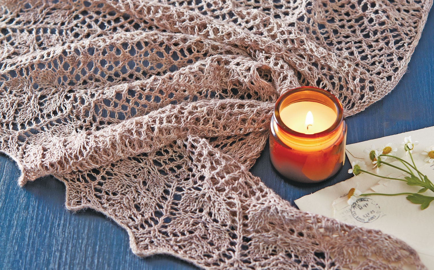 knitted tan lace shawl