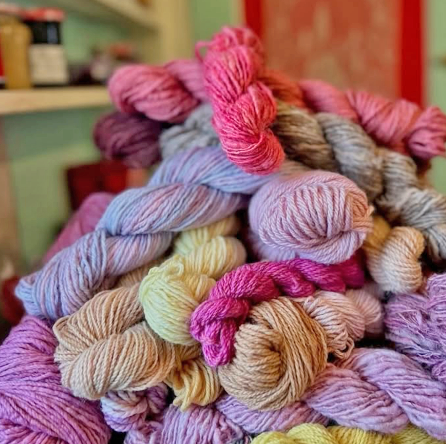 Beautiful natural-dyed yarns from 44 Clovers, Rachel Bingham Kessler, small-batch yarn maker and plant dye educator, Maine