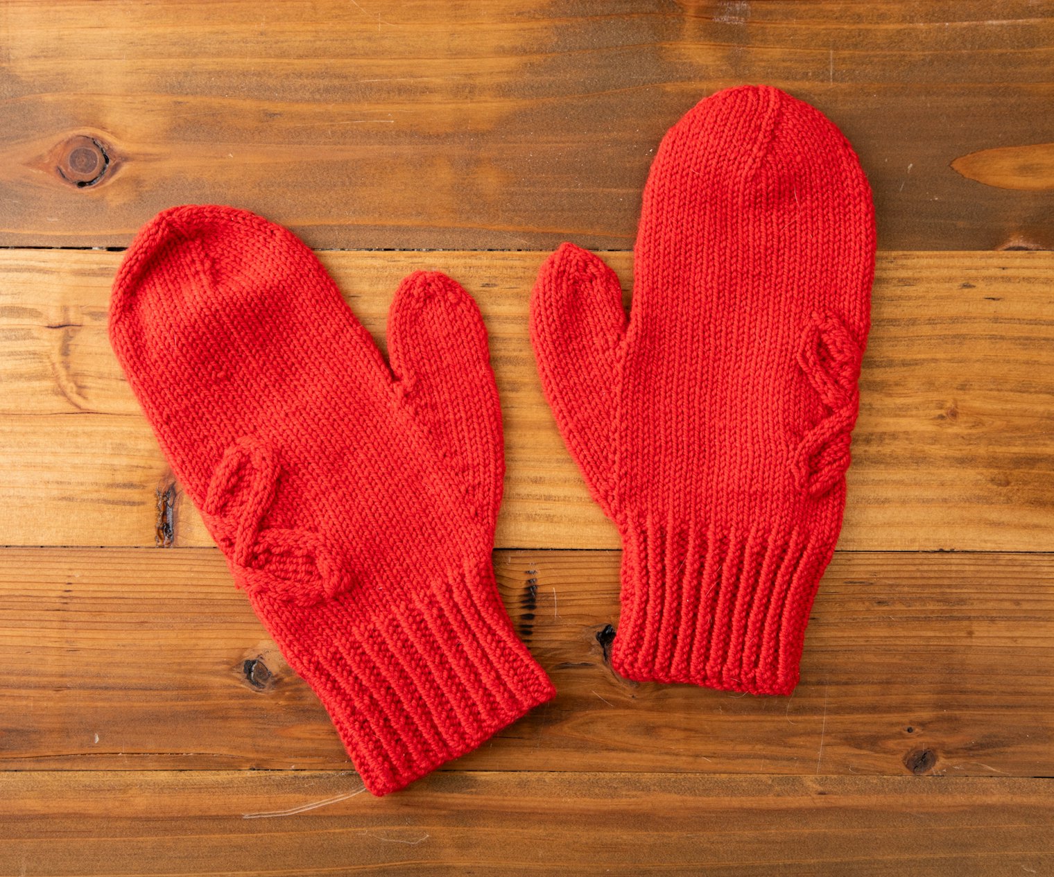 At my tighter gauge, the mittens are more windproof, and the cable motif has shrunk. Photo by Matt Graves