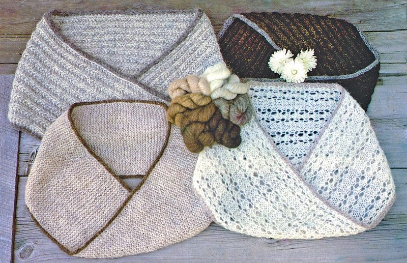 brown and white knitted moebius scarves