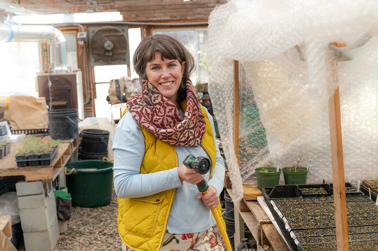 Knitter and photographer Gale Zucker recently shot some great images of the Clover Ridge Cowl amongst the herb seedlings at Olympia Farm in Guilford, Connecticut.