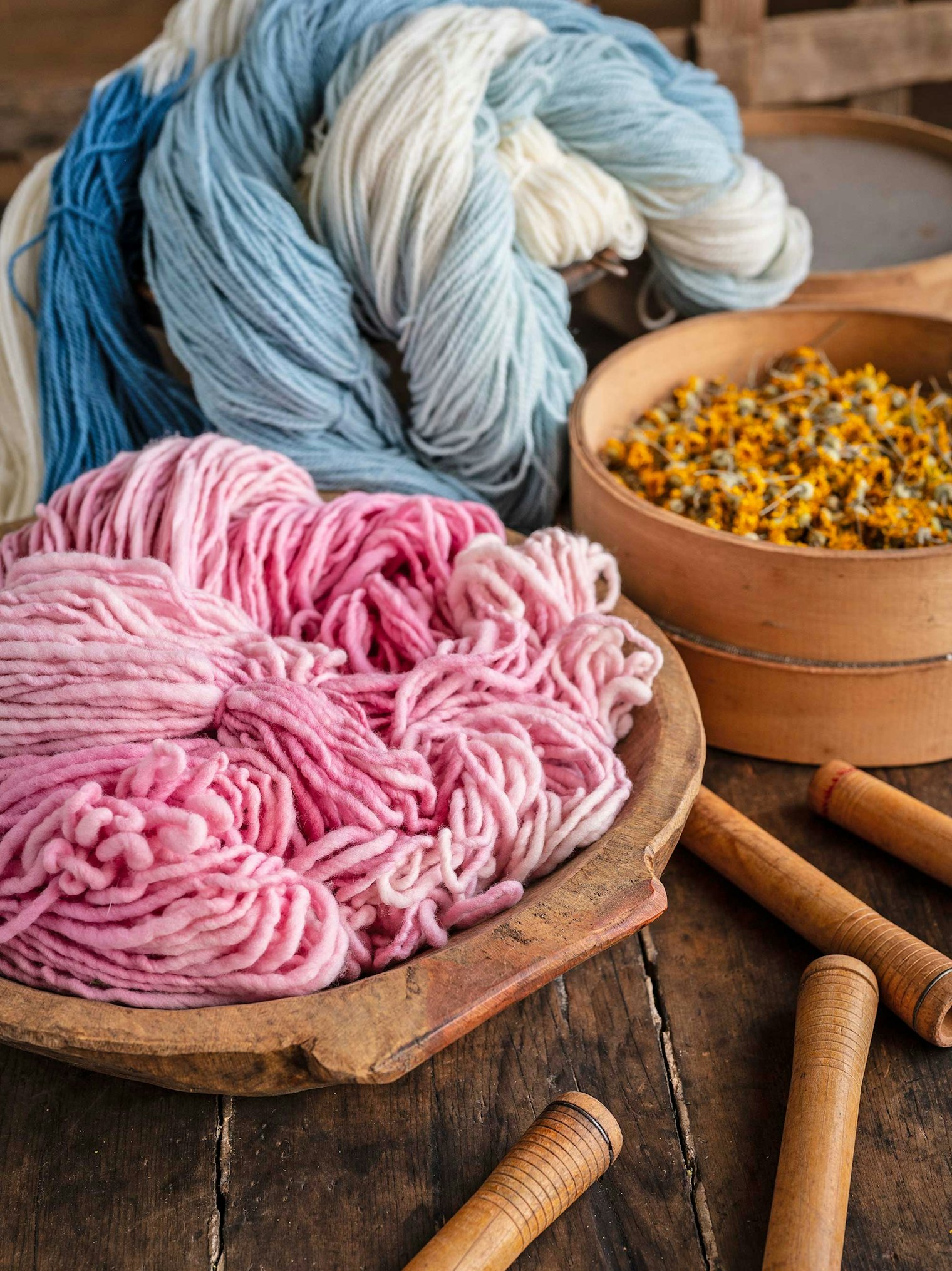 Botanically-dyed yarn by HVTP member Hilltop Farm and Fiber Arts.