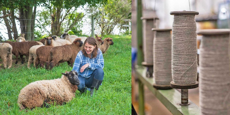 woman with sheep in a field; brown yarn on spools