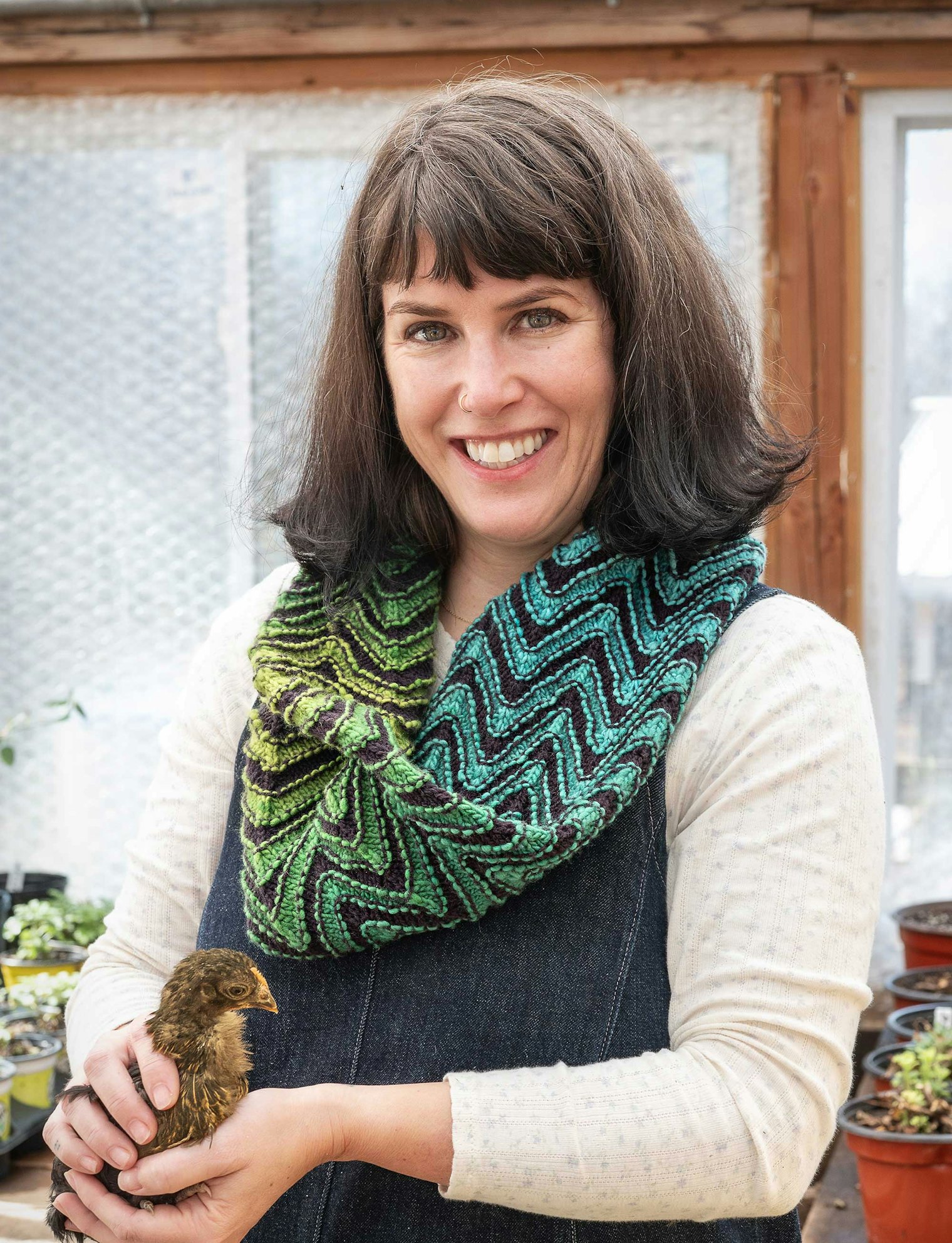 The Durham Chevrons Cowl makes use of yarns that slowly shift colors, creating a complex palette with very little work.