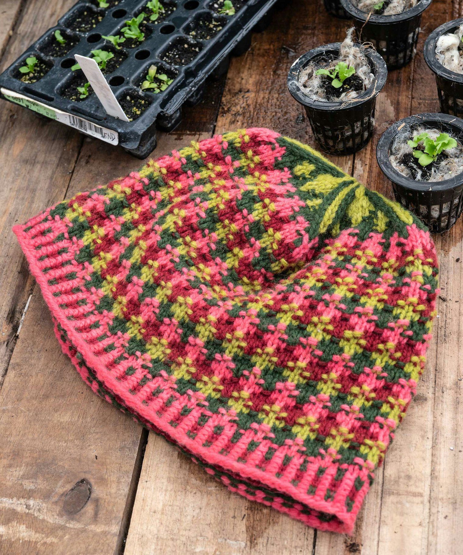 The Modern Bohus Hat is worked in the round from the bottom up using stranded colorwork with purls repeated across the body of the hat.