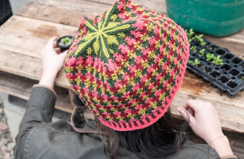 pink, red, and green knitted hat