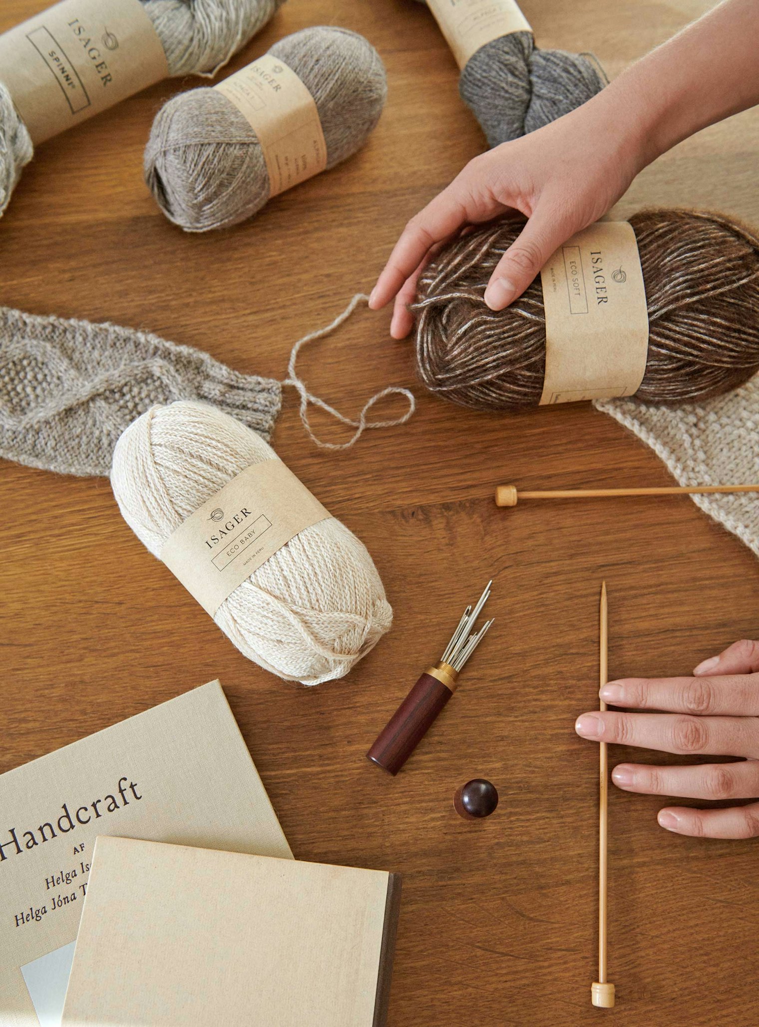 Left to Right: Isager's Eco Baby and Eco Soft, both spun from alpaca and organic pima cotton.