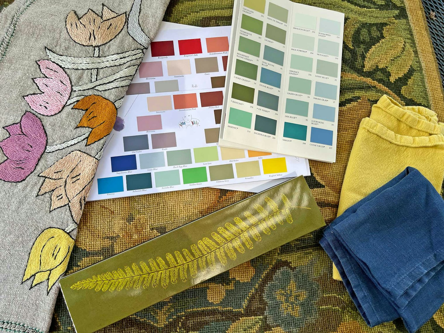 Reference swatches sent to the dyer included paint chips, fabric, and textiles. Photo by Karin Strom