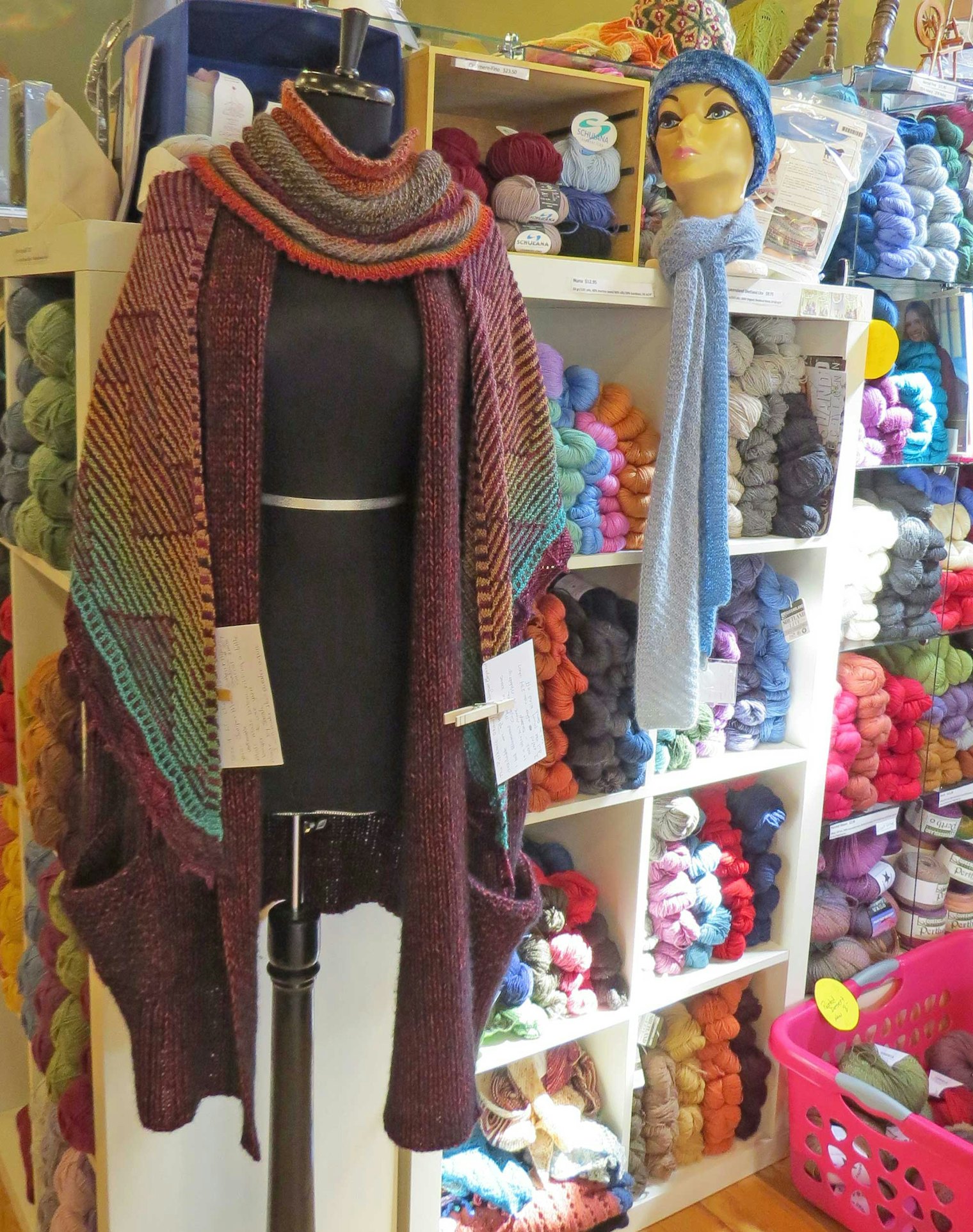 A few of the sample garments on display at the shop; the staff prides themselves in helping customers select just the right yarn for any project they'd like to make.
