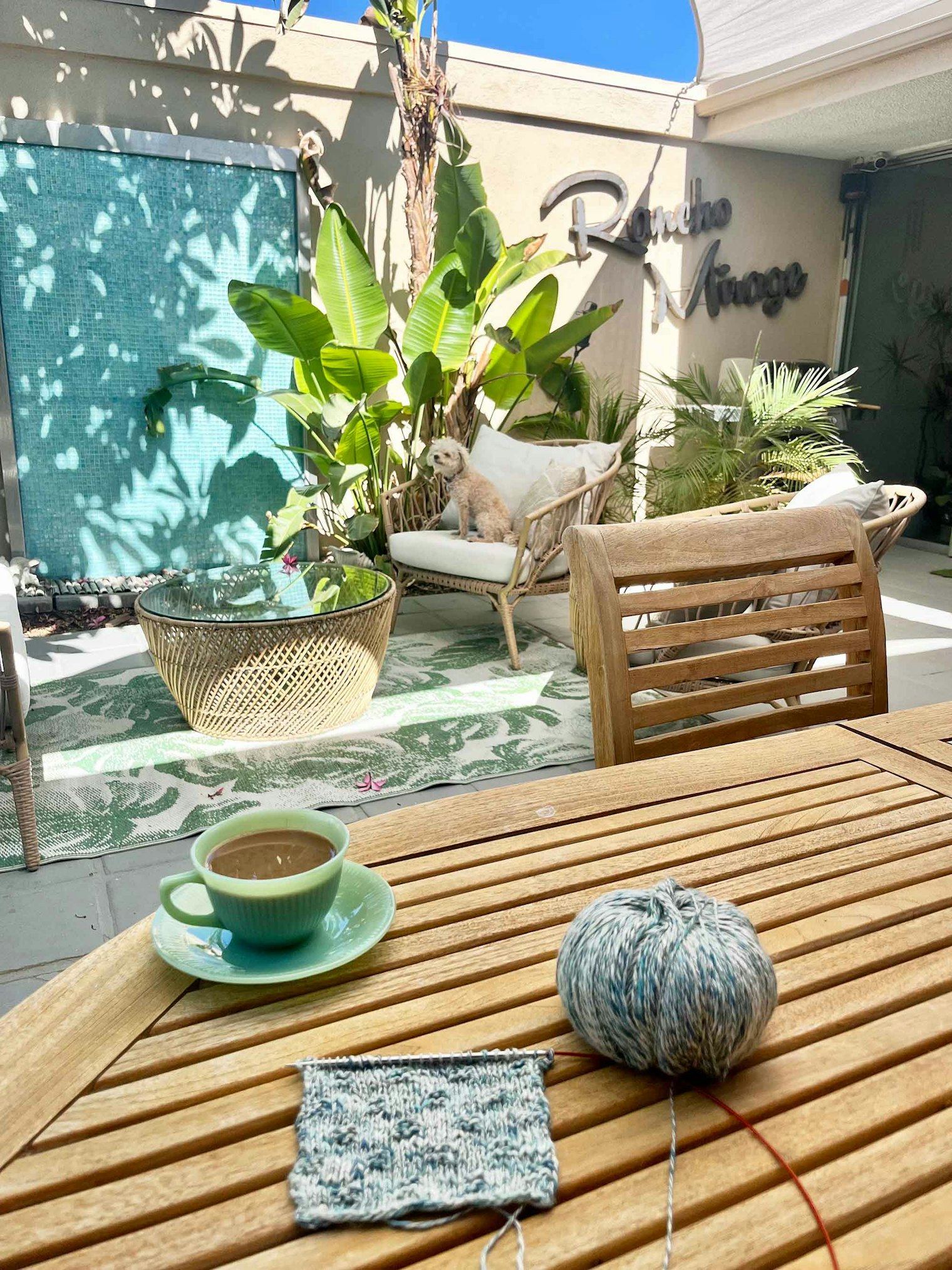 Knitting in the fresh air before the heat of the day sets in.