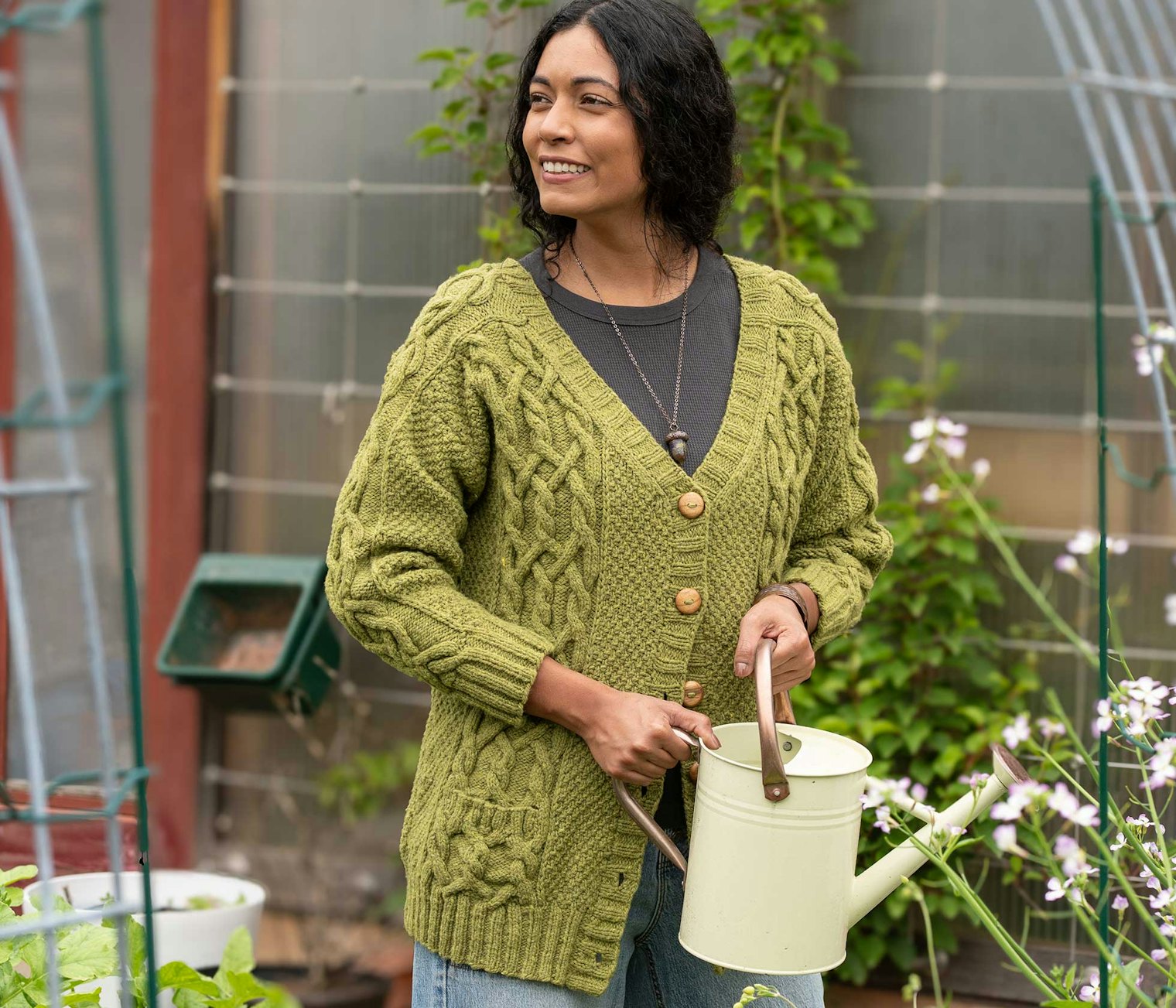 Get creative with playful jewelry! Karin chose a copper cuff and an acorn necklace to complement the Vintage Maple Cardigan.