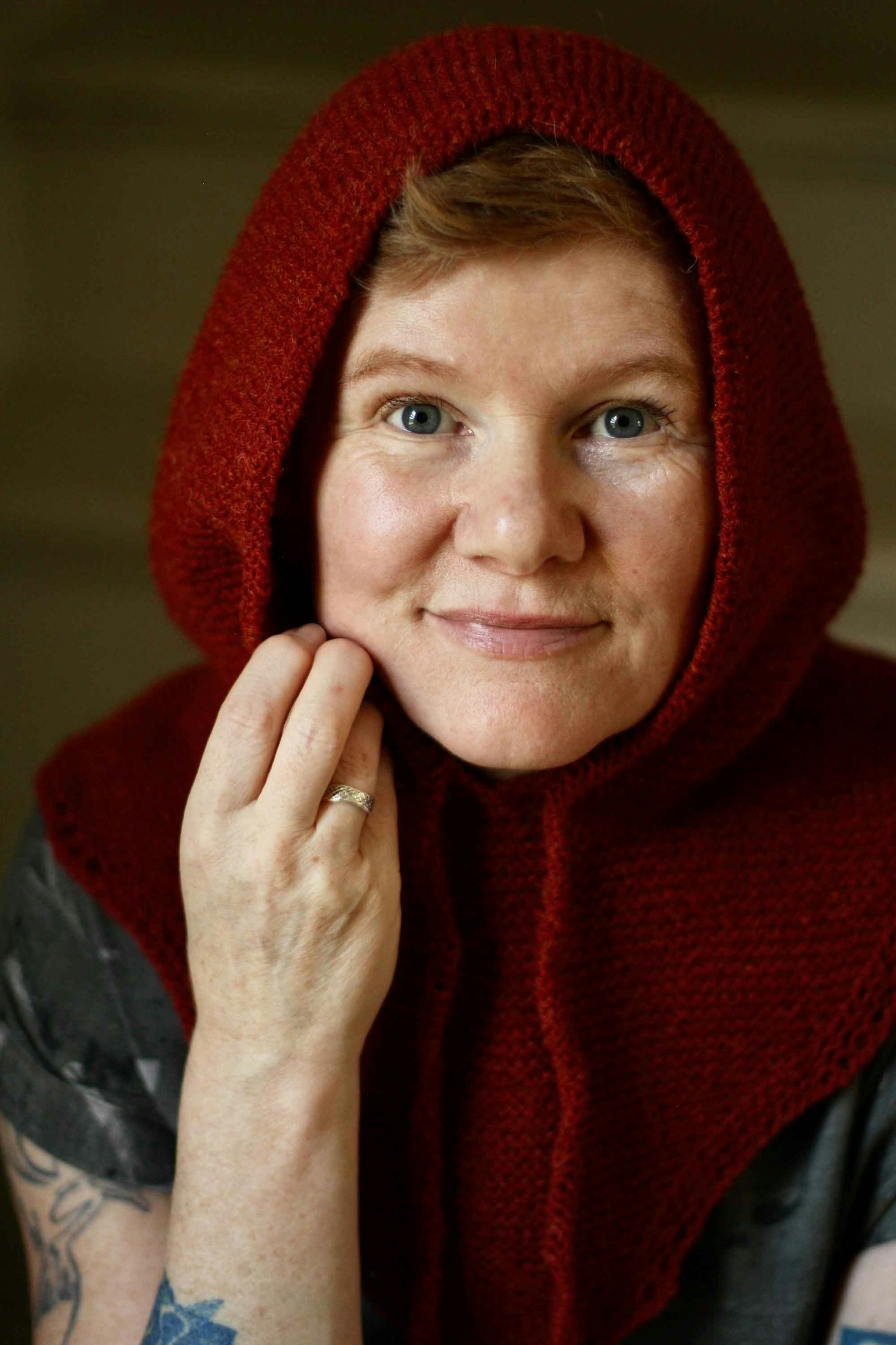 The Hairst Hap Hood worn as a snood.