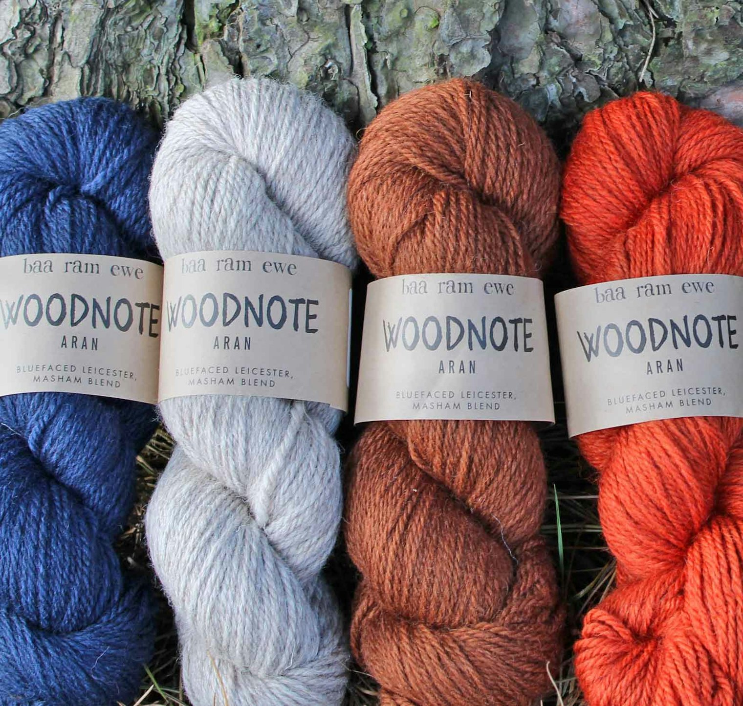 Woodnote combines the wool of Bluefaced Leicester, Masham, and Merino sheep for soft and springy yarn.