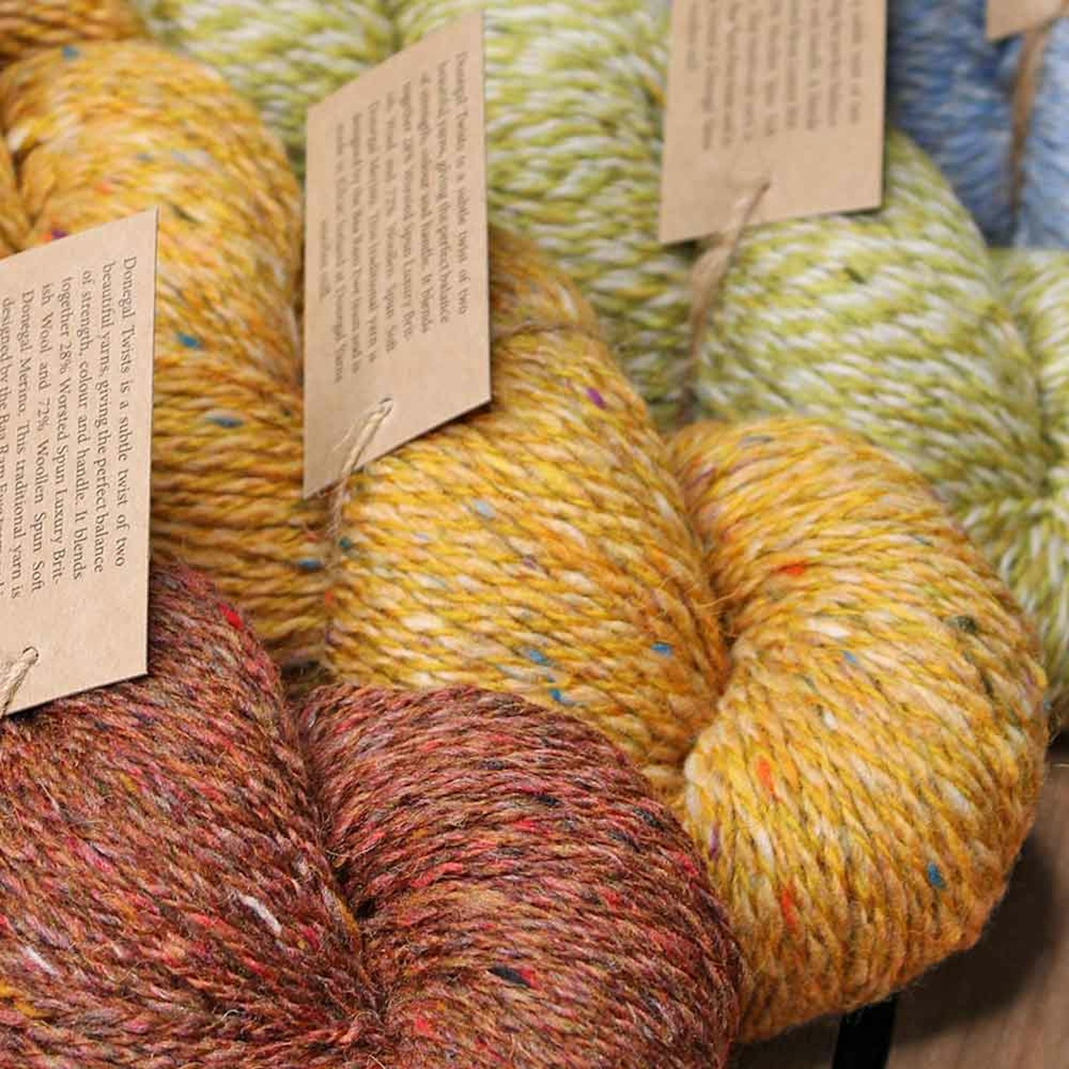 The Donegal Twists yarn features colorful nepps.