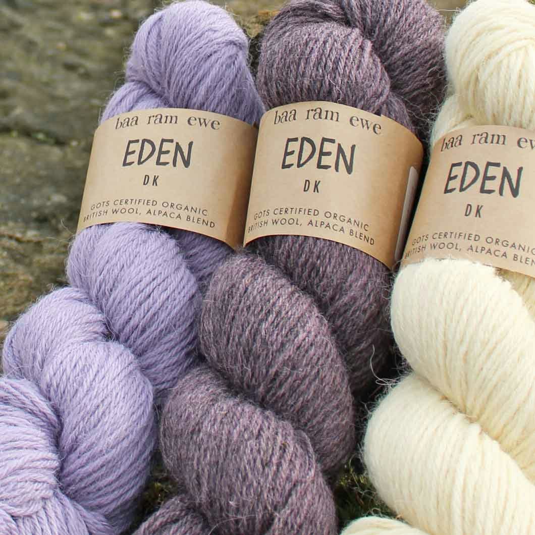 Eden DK is made from a blend of naturally grown alpaca fiber and certified organic British wool, creating a soft yarn that is comfortable when worn next to the skin.
