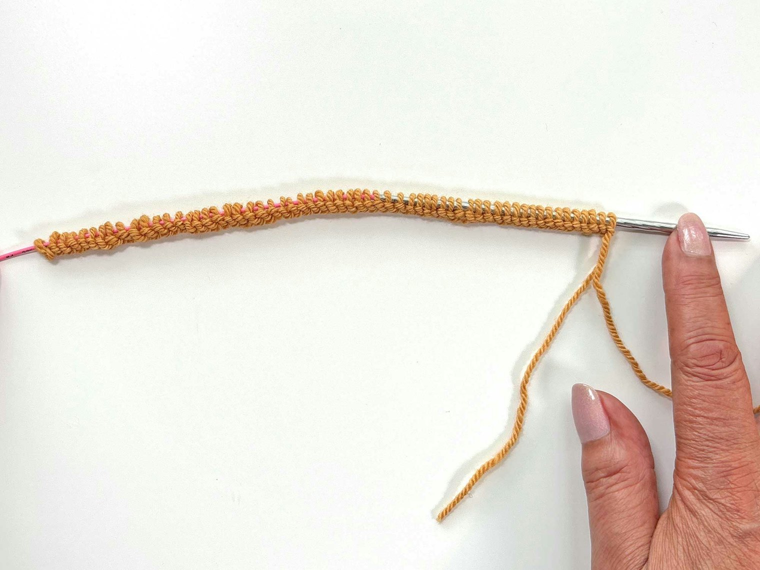 Begin by casting on the desired number of stitches on your circular needle. In this example, Sandi is working with 60 stitches.