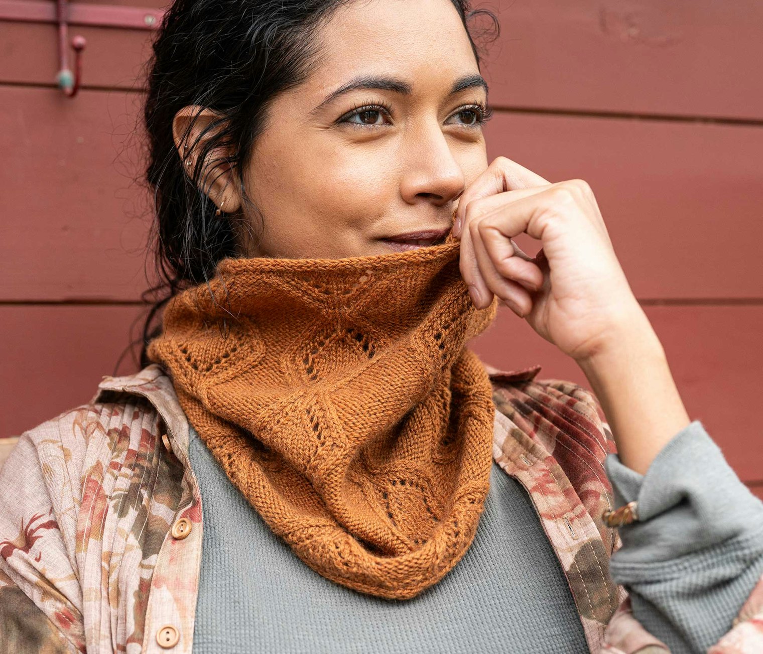 Sierra Kreun’s Sandglass Cowl adds the perfect amount of warmth for a windy walk on the beach or a crisp morning commute.