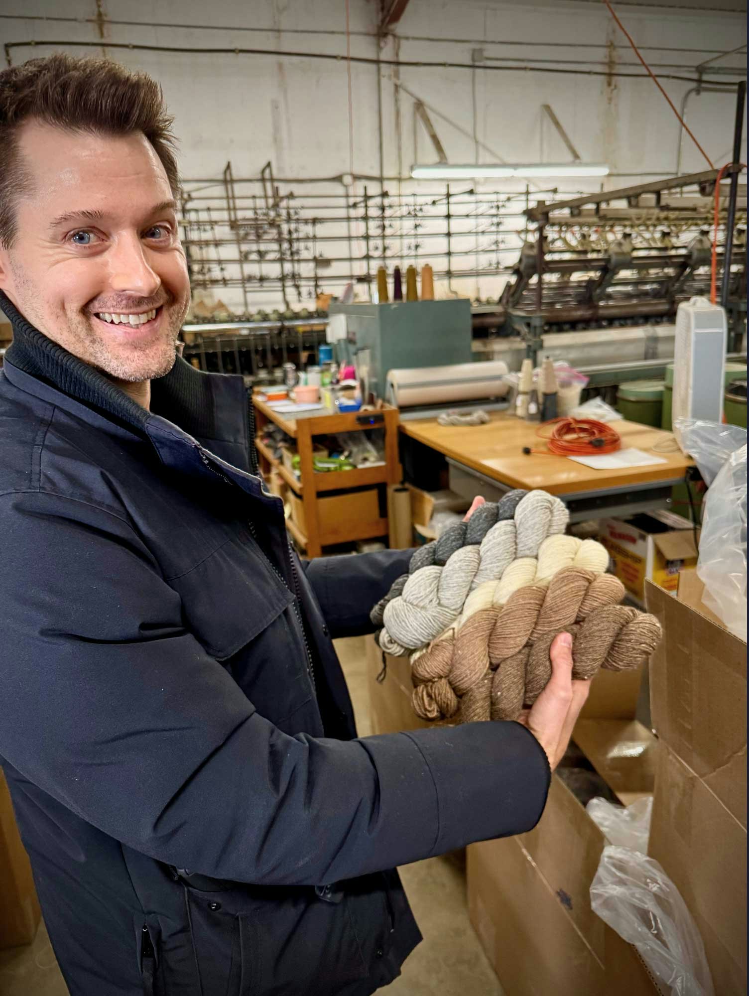 Picking up a fresh batch of yarn at Battenkill Fibers.