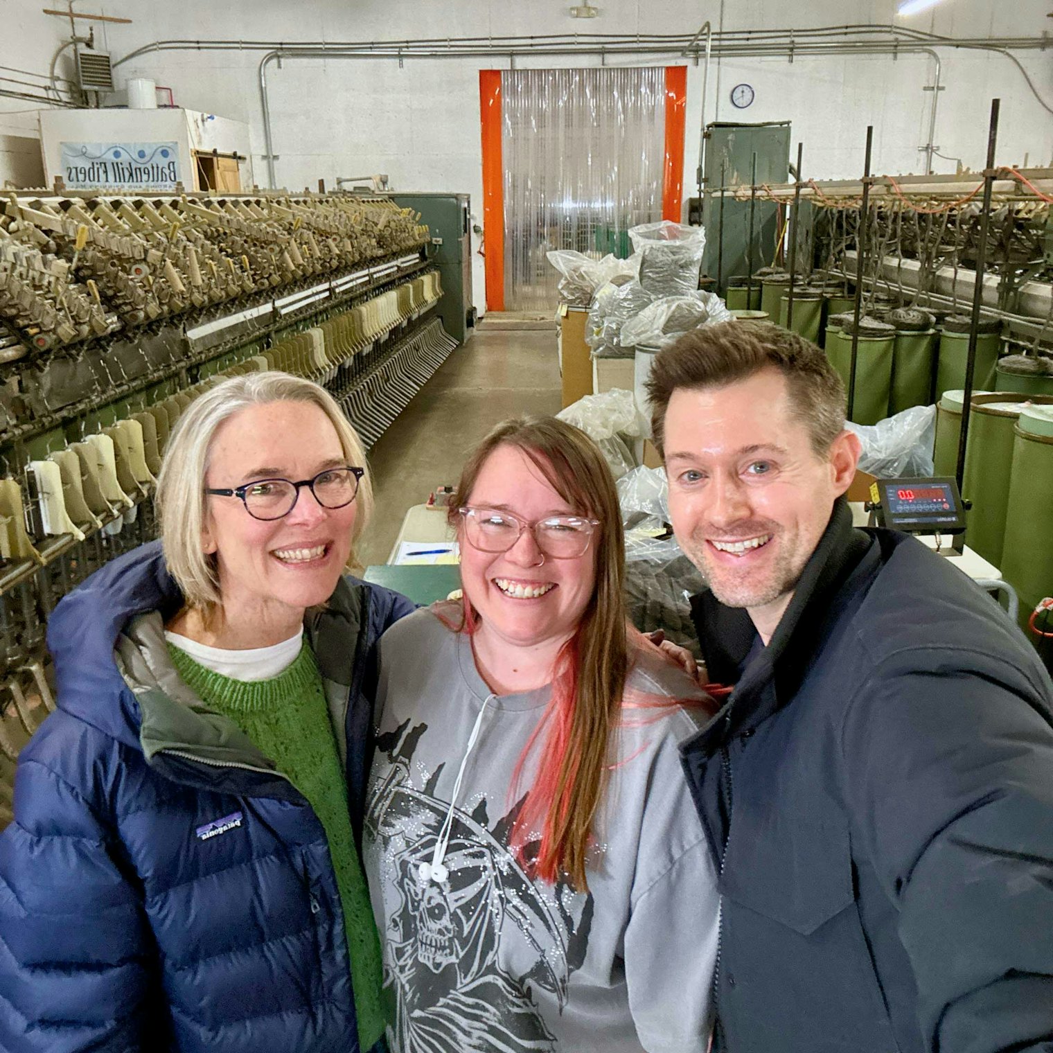 Left to right: Kate Filaski, treasured helper at Upland Fiber Co.; Angie Yanke, co-owner of Battenkill Fibers; and Michael.