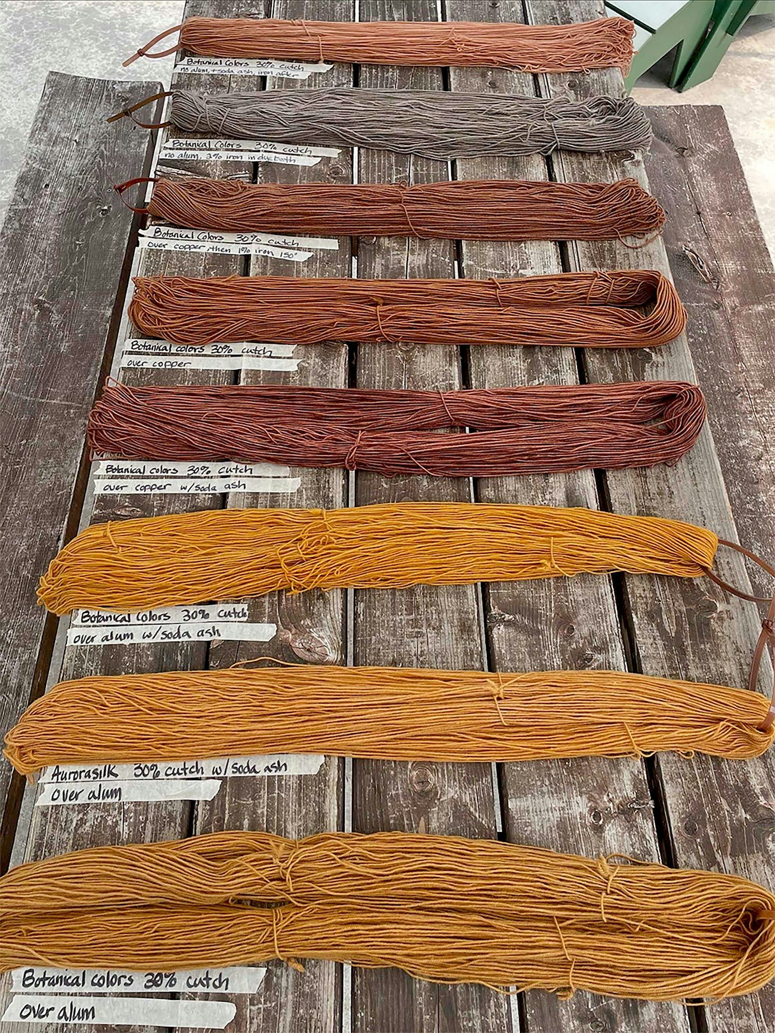 The first round of testing focused on mordants, exploring how alum, copper, and iron shaped the base color.