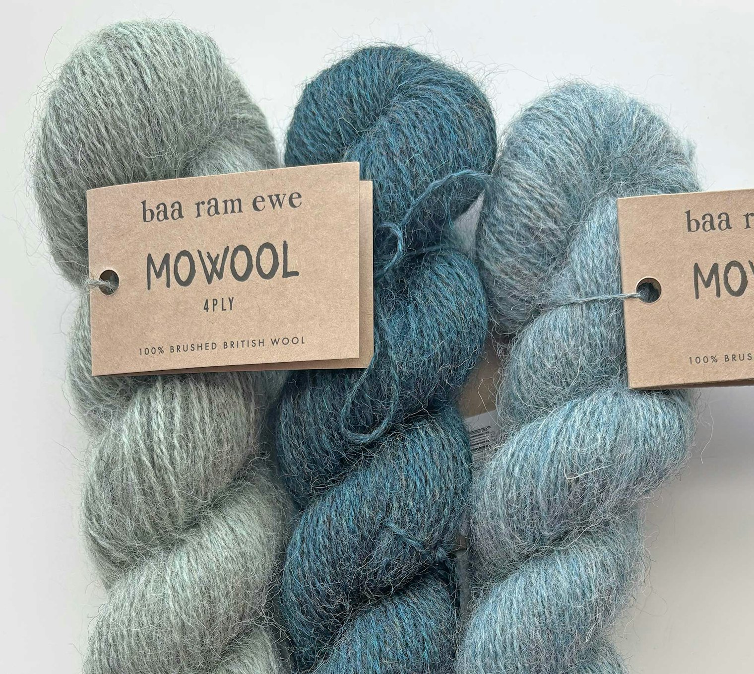 Mowool from Baa Ram Ewe is a thoroughly British yarn. The "4PLY" note on the label refers to the yarn thickness, not the construction. It is a 2-ply fingering weight.