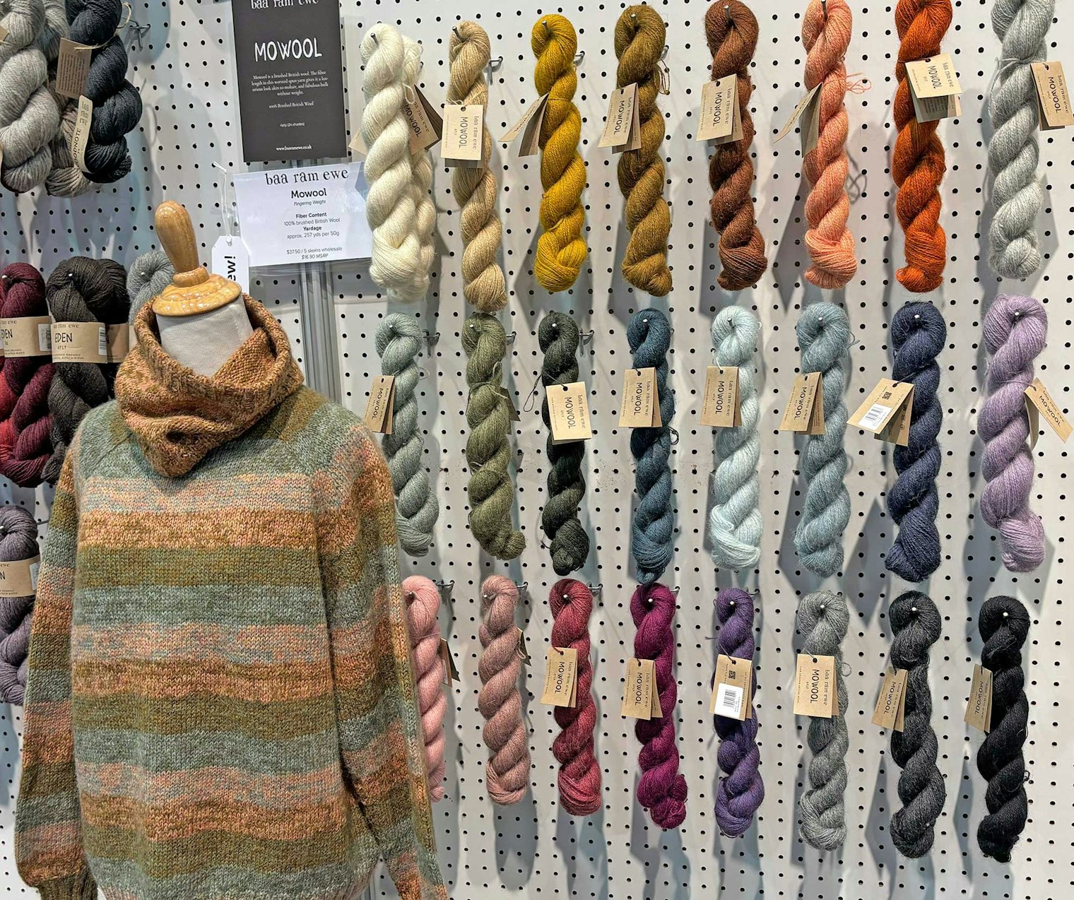 Baa Ram Ewe’s fingering-weight Mowool in skeins and knit into a marled pullover.